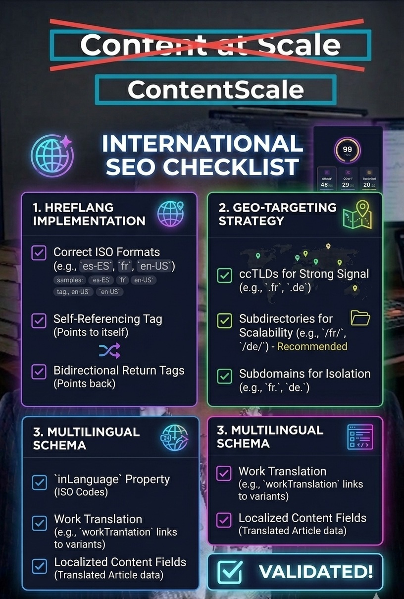 Content at Scale international SEO — hreflang geo-targeting and multilingual schema ContentScale