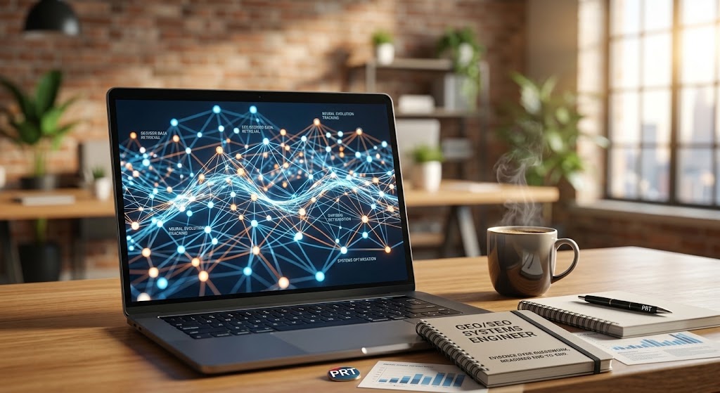 AEO vs GEO vs SEO — A modern laptop on a wooden desk displaying an abstract 3D network graphic of glowing nodes, representing the evolution of search technology, next to a coffee mug and notebook in a bright office.