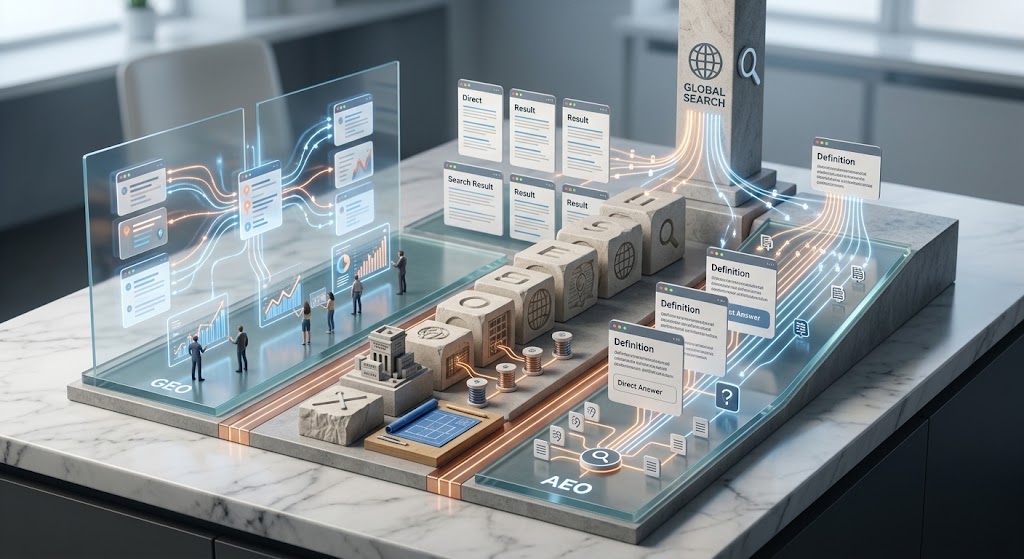 A structured 3D diagram showing three distinct process lanes side-by-side, representing how SEO, GEO, and AEO process search queries differently, with the AEO lane highlighting a direct path to a single, highlighted answer card.