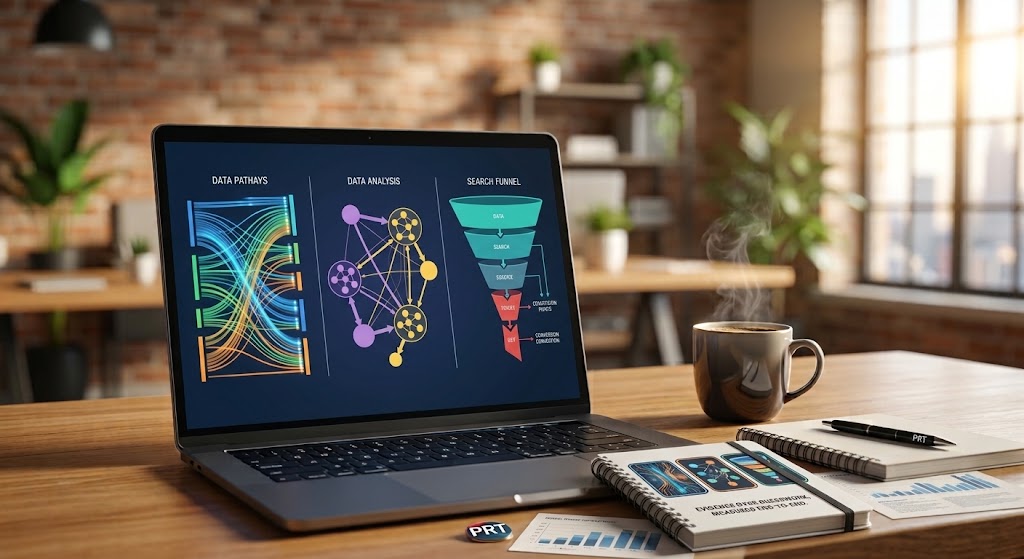 A laptop on a wooden desk displaying three distinct abstract diagrams representing different search methodologies, set in a bright, modern office background.